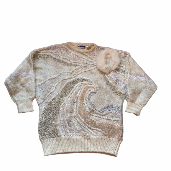 Vtg 80s Mariea Kim Sweater M Beige 3D Textured Applique Dolman Sleeve Artwork - Picture 9 of 9